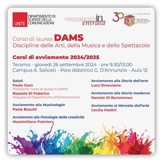 Dipartimento di Scienze della comunicazione: Corso di laurea in Dams - Corsi di avviamento 2024/2025