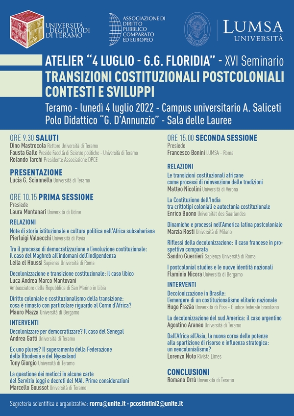 XVI seminario Atelier "4 luglio G.G. Floridia" sul tema "Transizioni costituzionali postcoloniali, contesti e sviluppi"