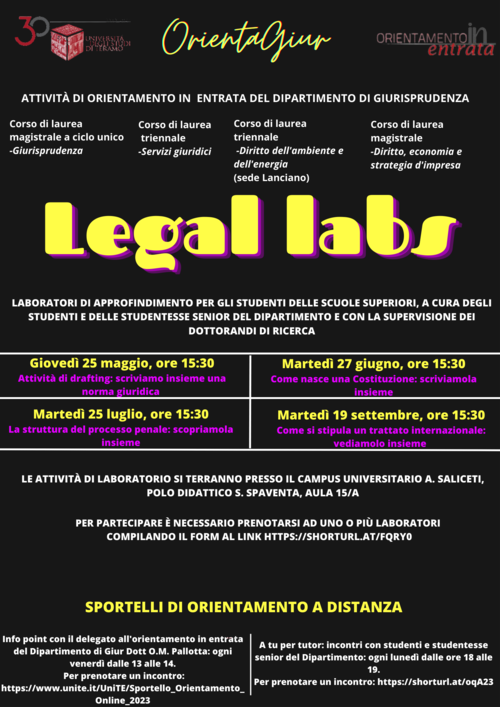 Dipartimento di Giurisprudenza: Legal Labs - Laboratori tematici di orientamento